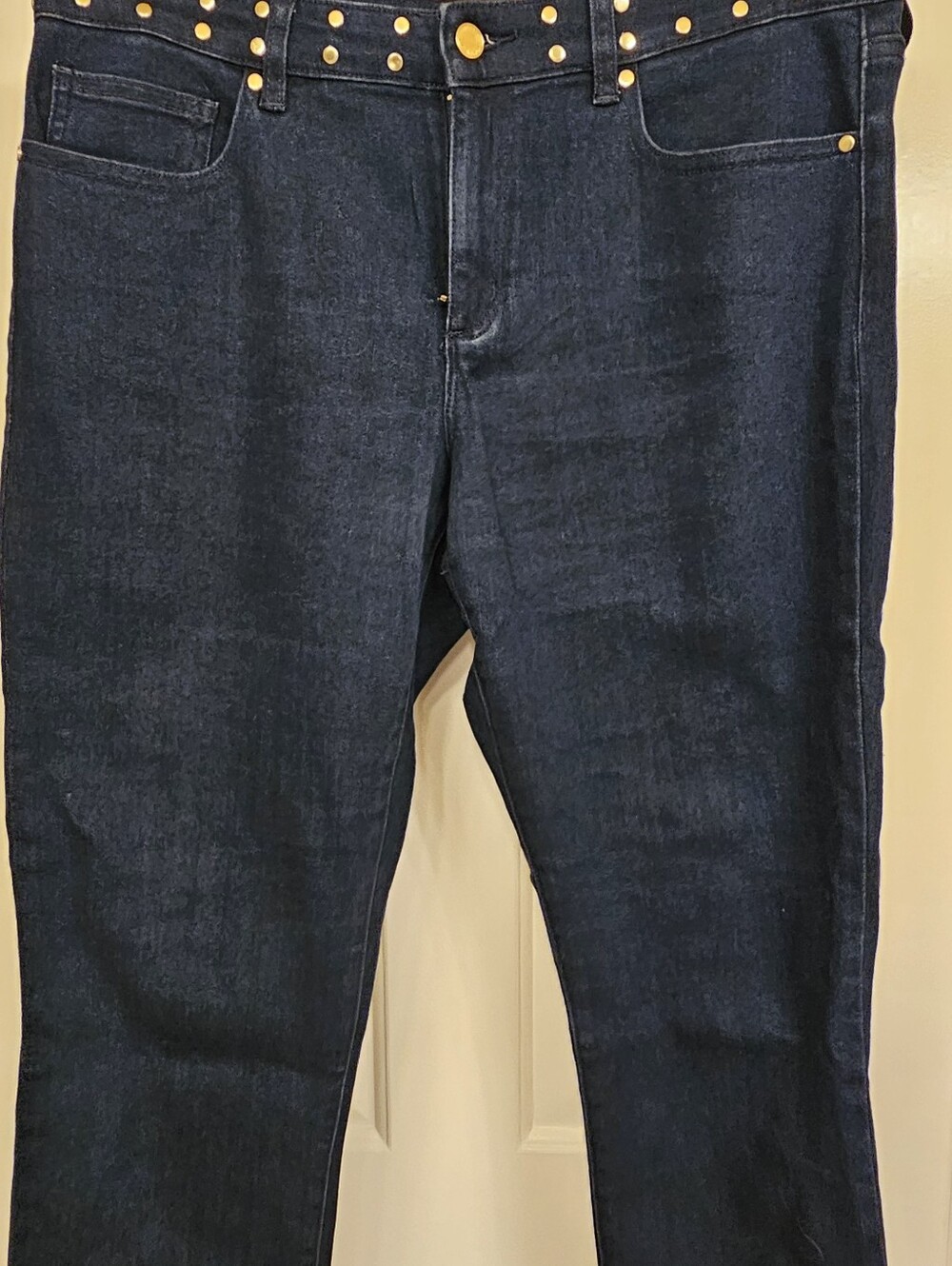 Michael Kors Izzy Dark Blue Denim Jeans with Gold Stud Accents